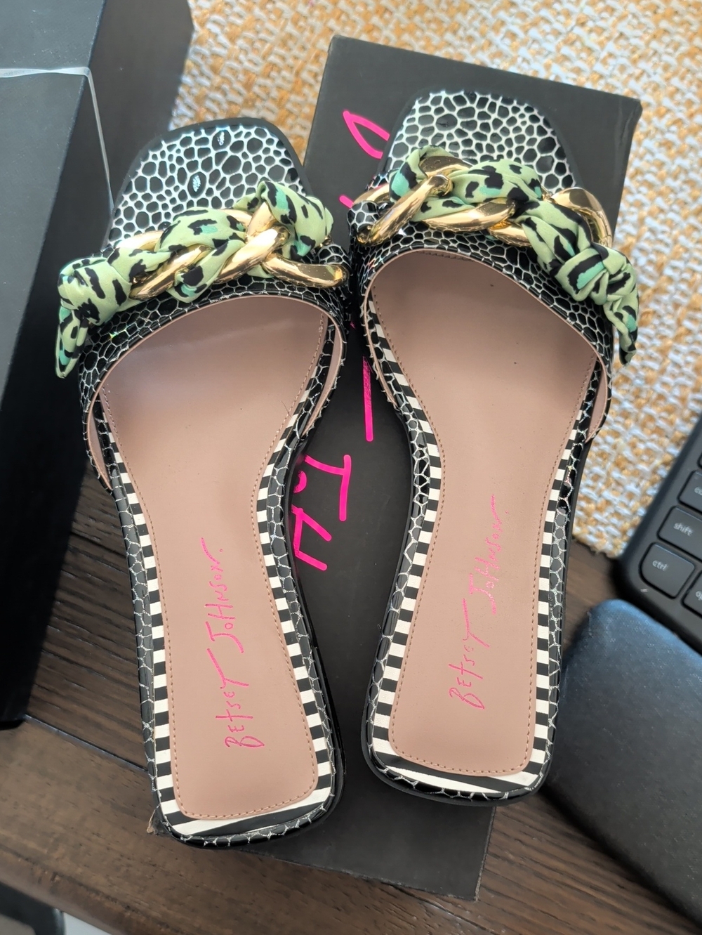 Betsey Johnson Black & Mint Chain-Accent Slide Mules
